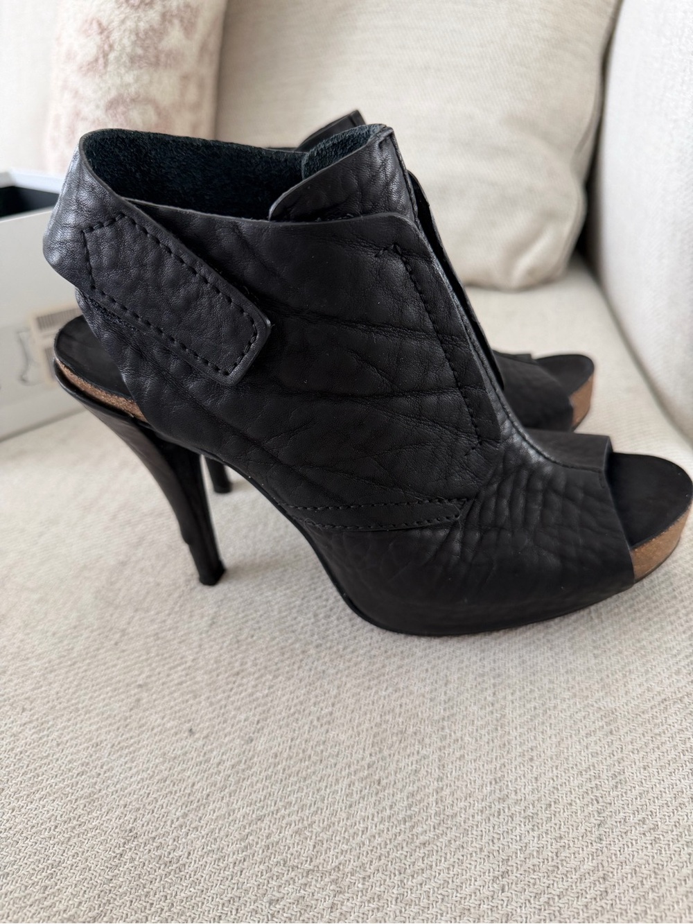 BECCA Black Leather Peep-Toe Stiletto Sandals